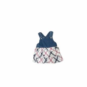 First Impressions girls denim overall dress with plaid pink skirt bottom